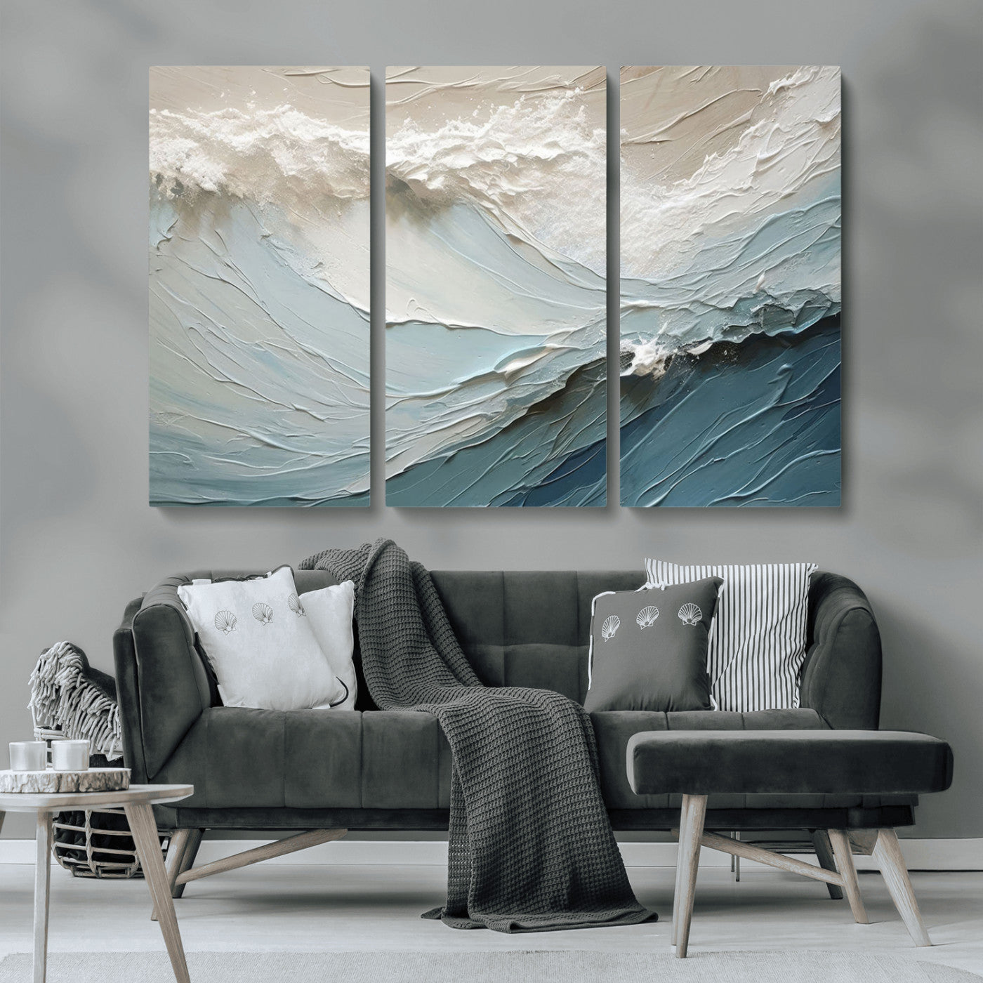 53646-MGV-CV-36X24-Ocean Wave Wall Art Canvas Print, Framed Textured Seascape Art Picture Print, Modern Ocean Perfect Minimal Coastal 2/2 Decor