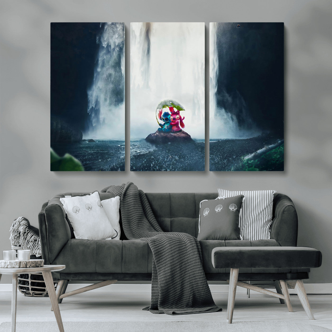 32259-MGV-CV-36X24-Stitch Angel Wall Art Canvas Print, Framed Stitch Waterfall Art Picture Print, Cartoon Couple Perfect Moody Fantasy Decor Artwork