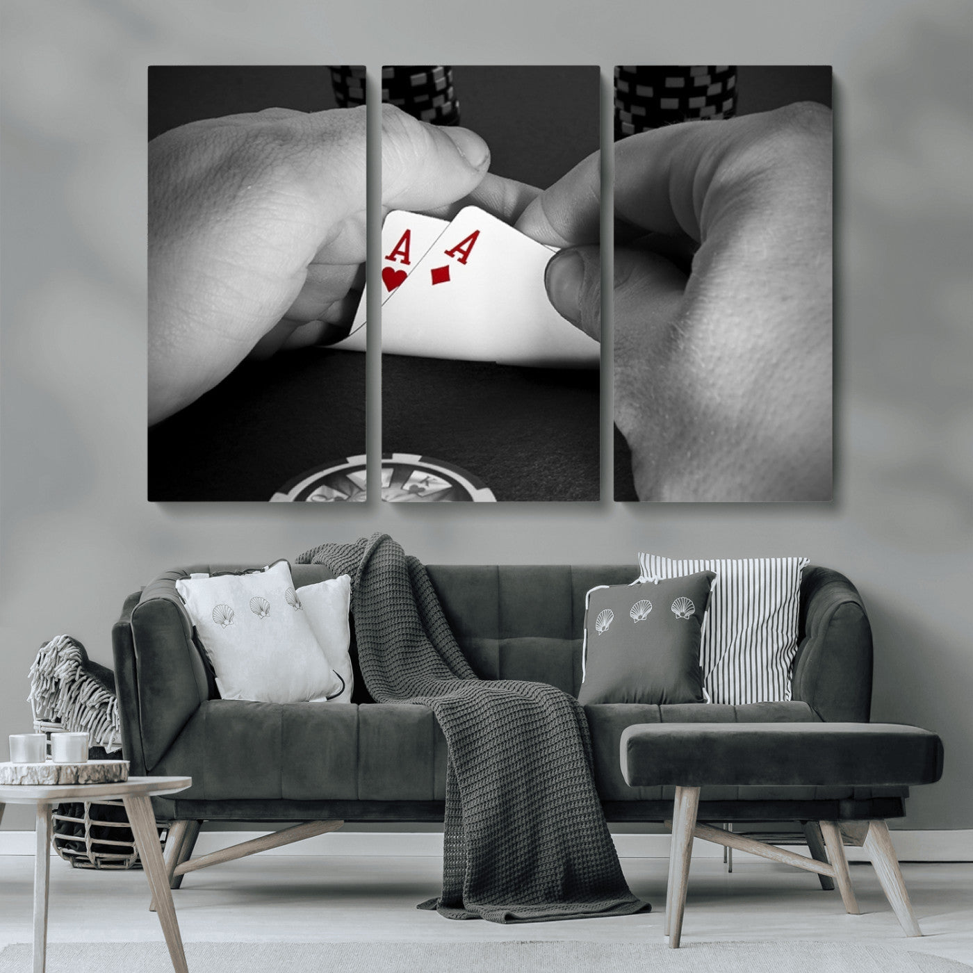 62460-MGV-CV-36X24-Poker Game Wall Art – Close Up of Hands Holding Aces with Chips, Casino Style Decor for Game Room, Man Cave or Office