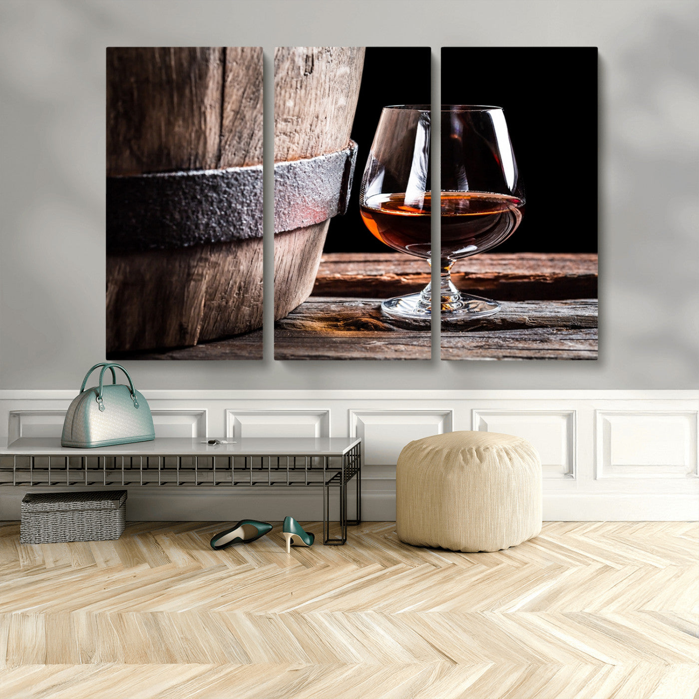 50839-MGV-CV-48X32-3P-Barrel & Brandy Wall Art – Rustic Whiskey Barrel and Brandy Glass Canvas Print, Elegant Home Bar or Lounge Decor for Office, Man