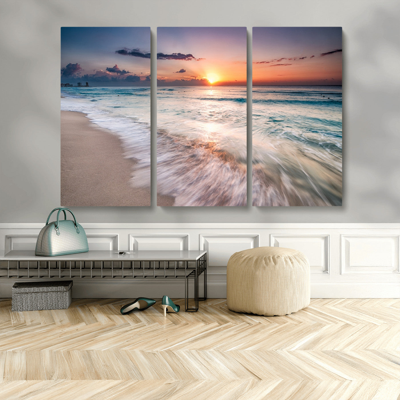 71849-MGV-CV-48X32-3P-Sunrise Ocean Beach Wall Art – Serene Seascape Canvas Print with Gentle Waves, Coastal Nature Decor for Bedroom, Living Room or