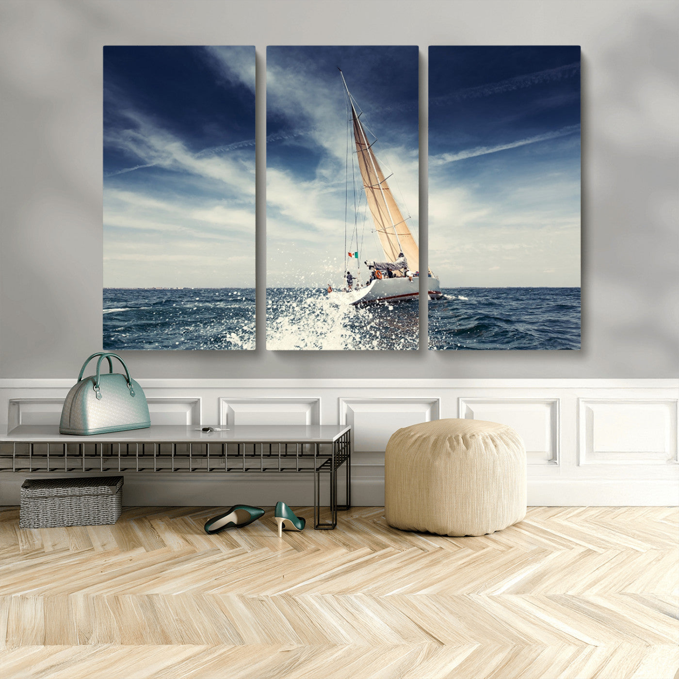 75430-MGV-CV-48X32-3P-Sailing Boat Wall Art – Dynamic Ocean Yacht Canvas Print, Nautical Decor for Living Room, Office, Beach House or Cabin