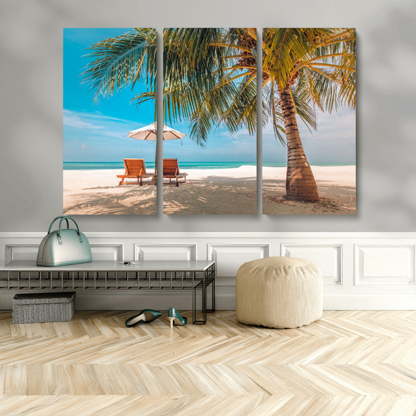 69754-MGV-CV-48X32-3P-Tropical Beach Wall Art – Relaxing Palm Tree and Lounge Chairs Canvas Print, Serene Coastal Decor for Living Room, Bedroom, Office