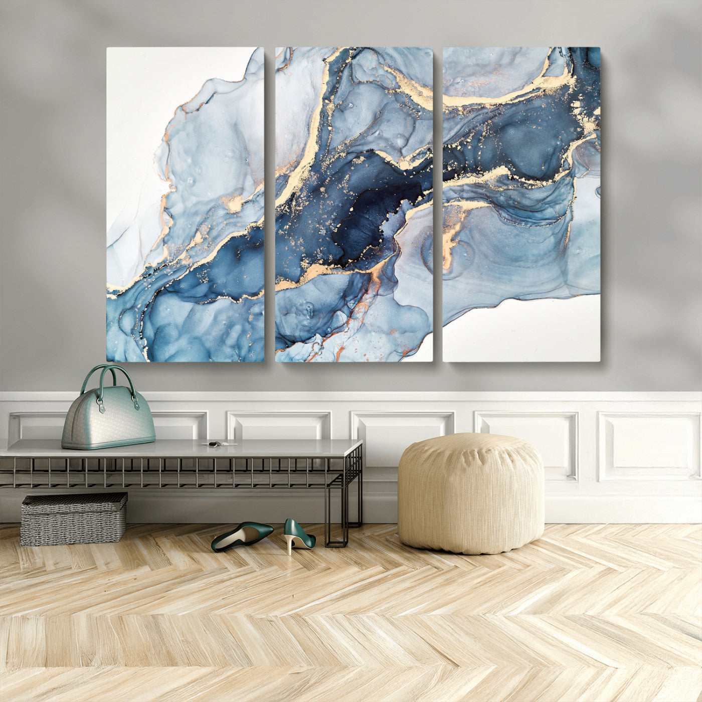 33782-MGV-CV-48X32-3P-Abstract Marble Wall Art – Blue & Gold Fluid Painting Canvas Print, Modern Home Decor for Living Room, Bedroom or Office