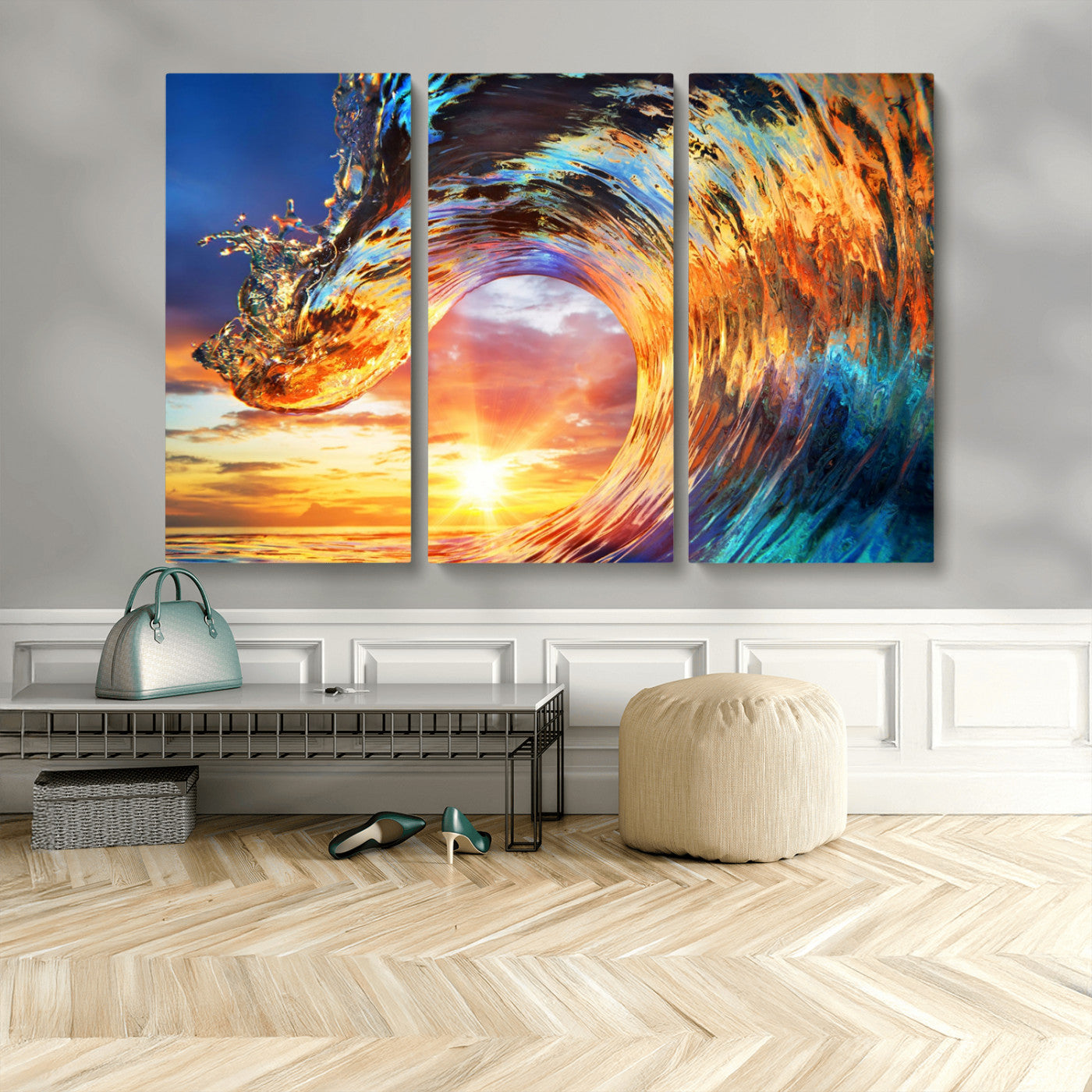 52890-MGV-CV-48X32-3P-Surfing Wave Wall Art Canvas Print, Framed Sunset Ocean Art Picture Print, Ocean Wave Perfect Nautical Decor Artwork