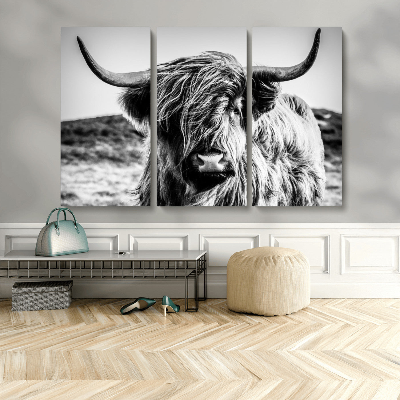 36979-MGV-CV-48X32-3P-Striking black-and-white portrait of a Highland cow with flowing fur and majestic horns, perfect for rustic and elegant home or