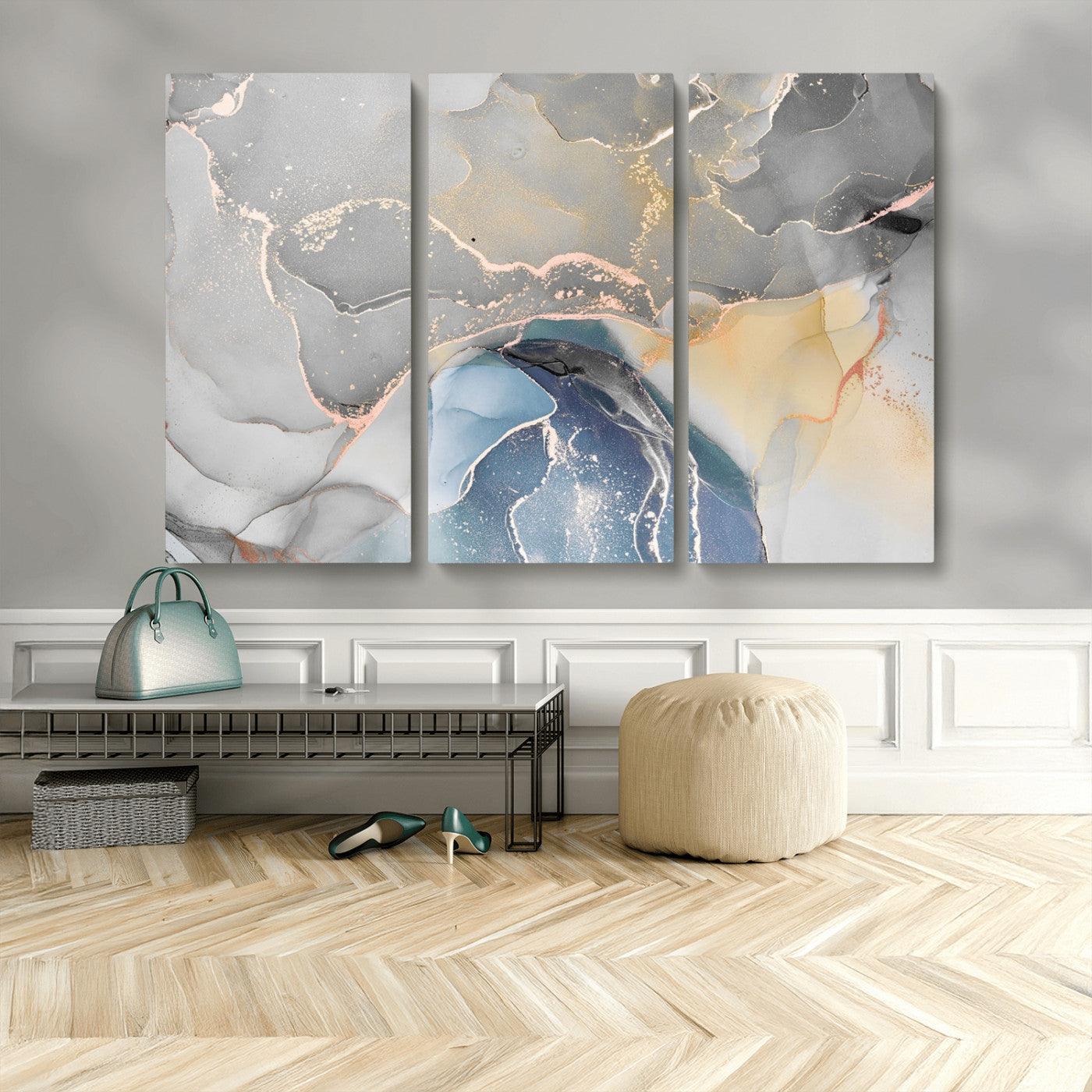 63211-MGV-CV-36X24-Abstract Fluid Art Wall Decor – Blue, Gray & Gold Canvas Print, Modern Home and Office Wall Art Decor for Living Room, Bedroom or