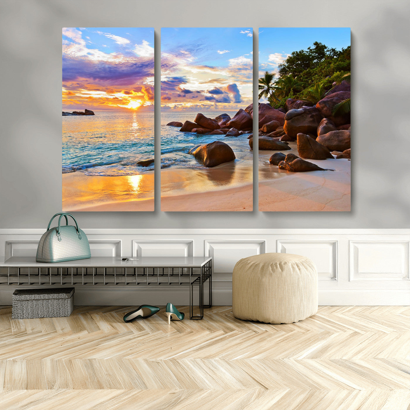 43209-MGV-CV-36X24-Tropical Beach Sunset Wall Art – Golden Ocean Waves and Palm Trees with Rocky Shore Canvas Print, Coastal Seascape Decor for