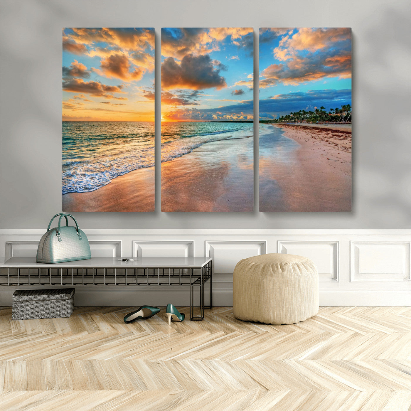 41572-MGV-CV-36X24-Sunset Beach Wall Art – Ocean Waves and Palm Trees Canvas Print, Tropical Coastal Sunset Seascape Decor for Living Room, Bedroom
