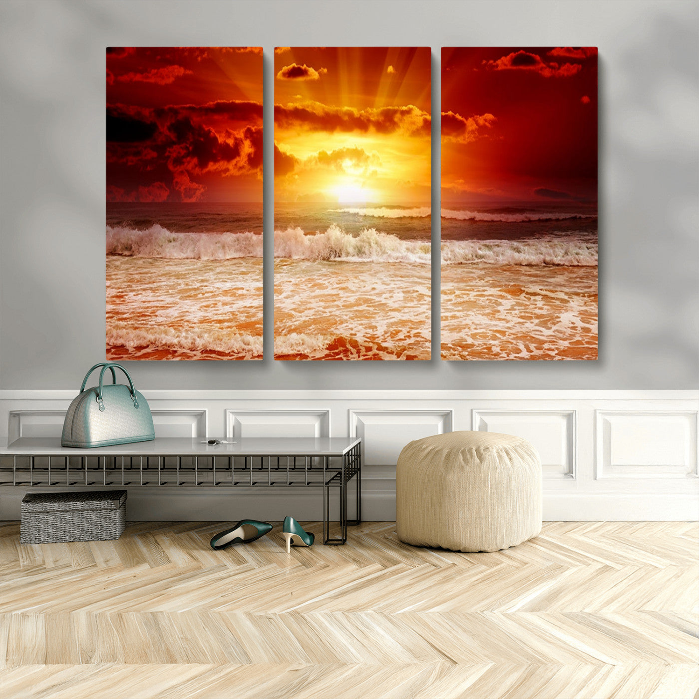 60211-MGV-CV-48X32-3P-Fiery Sunset Ocean Waves Canvas Print – Vibrant Red & Orange Coastal Wall Art, Dramatic Seascape Decor