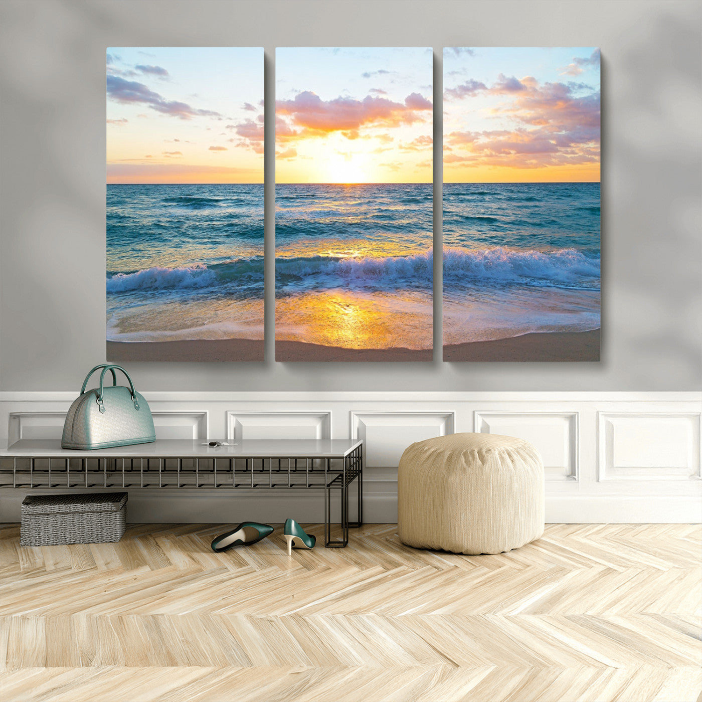 78006-MGV-CV-36X24-Golden Sunrise Ocean Wall Art – Panoramic Beach Waves Canvas Print, Coastal Seascape Artwork for Living Room, Bedroom, Office, or