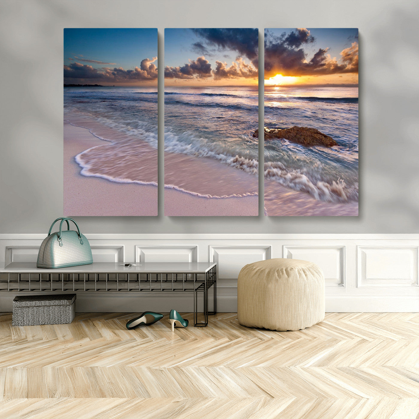 94906-MGV-CV-36X24-Sunrise Beach Wall Art – Panoramic Ocean Waves Canvas Print, Coastal Sunset Seascape Artwork for Living Room, Bedroom, or Office