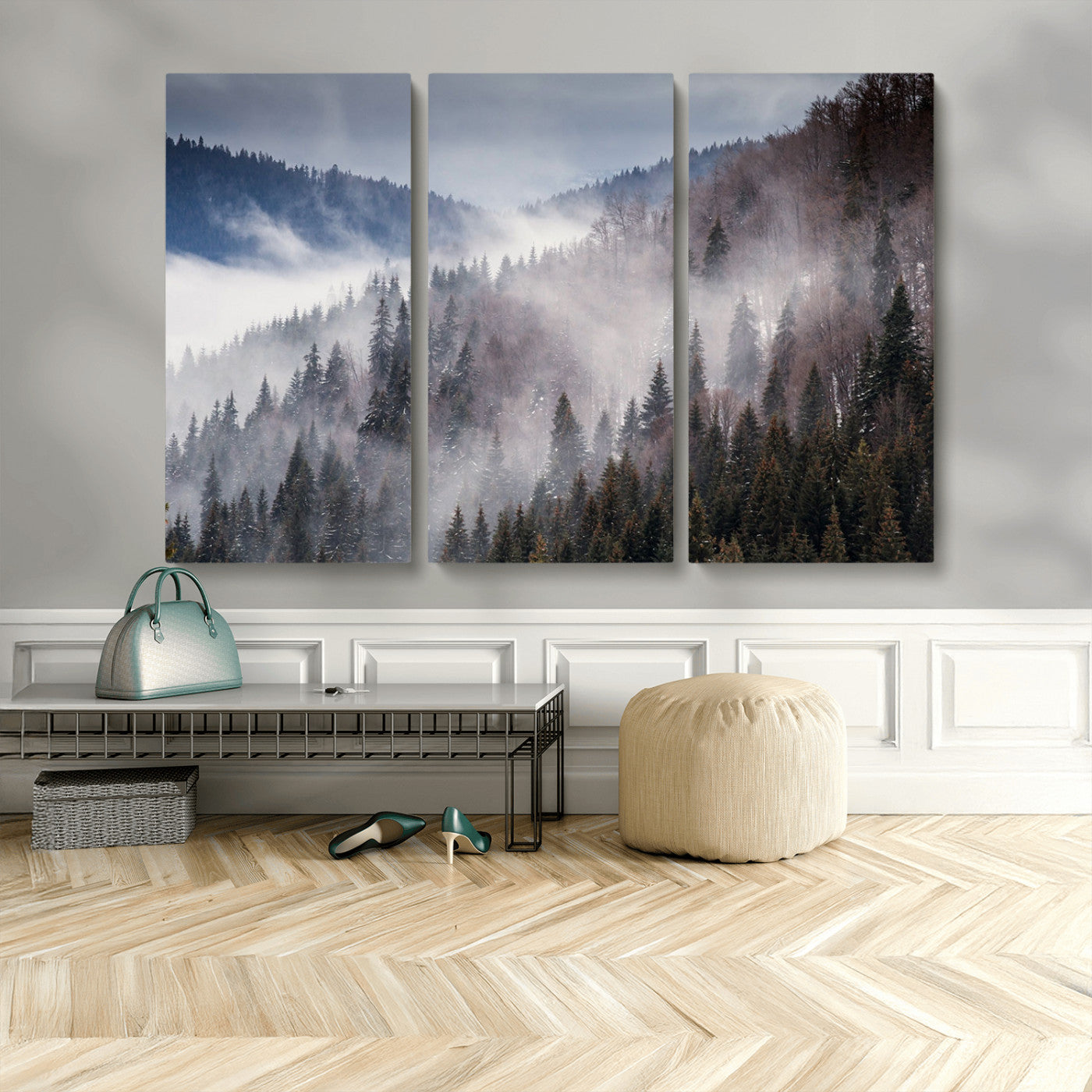 18459-MGV-CV-48X32-3P-Misty Pine Forest Wall Art – Serene Mountain Landscape Canvas Print, Tranquil Nature Artwork for Living Room, Bedroom, Cabin or