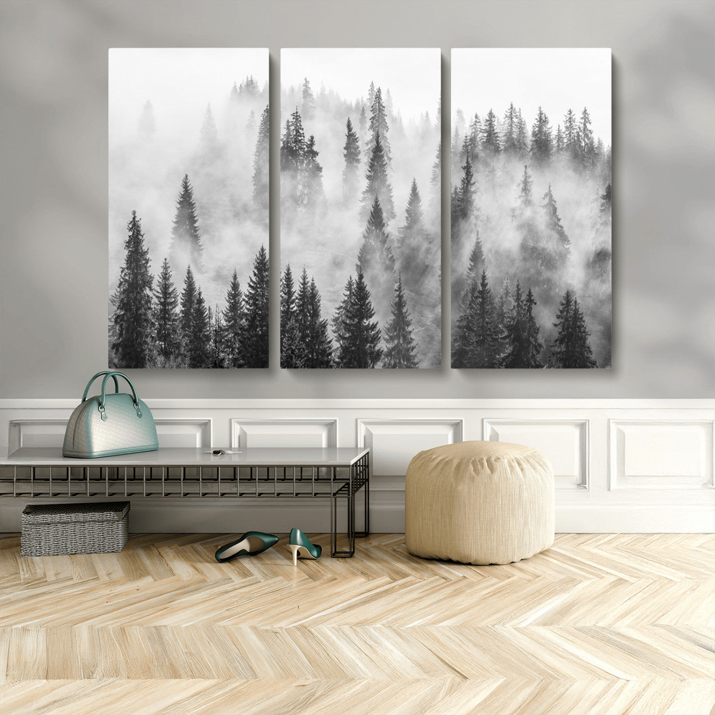10422-MGV-CV-36X24-Misty Pine Forest Wall Art – Black and White Foggy Landscape Canvas Print, Serene Nature Woodland Decor for Bedroom, Office or