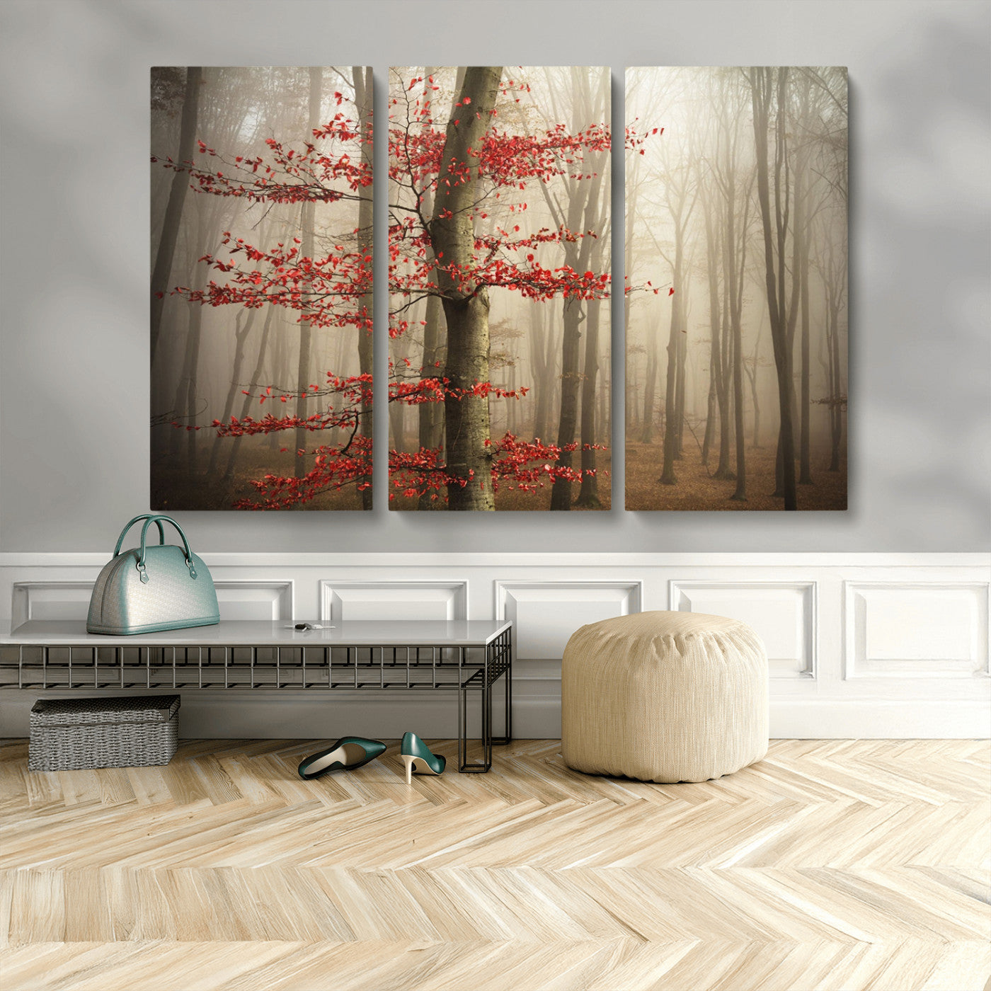 61855-MGV-CV-36X24-Misty Forest Wall Art – Red Tree with Autumn Leaves Canvas Print, Moody Woodland Nature Decor for Living Room, Bedroom, or Office