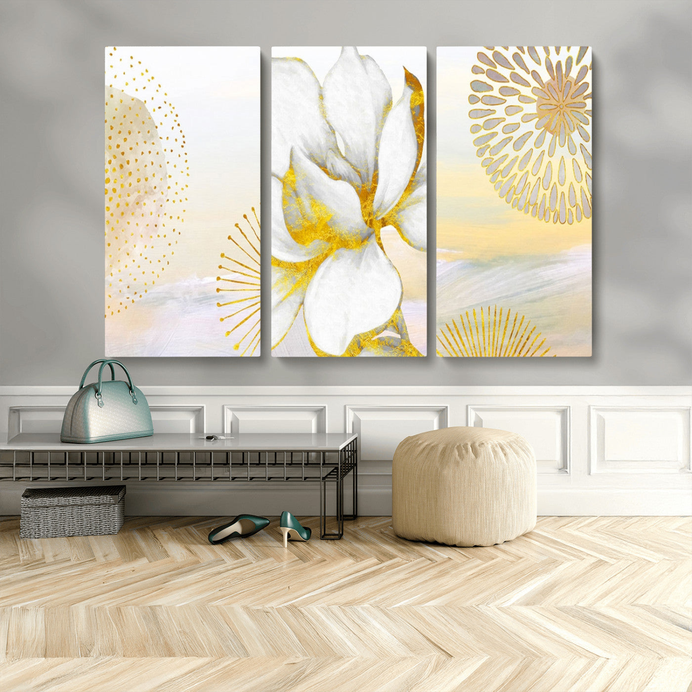 82301-MGV-CV-36X24-Modern Floral Wall Art – White Flower with Gold Detailing Canvas Print, Elegant Abstract Artwork for Living Room, Bedroom, or