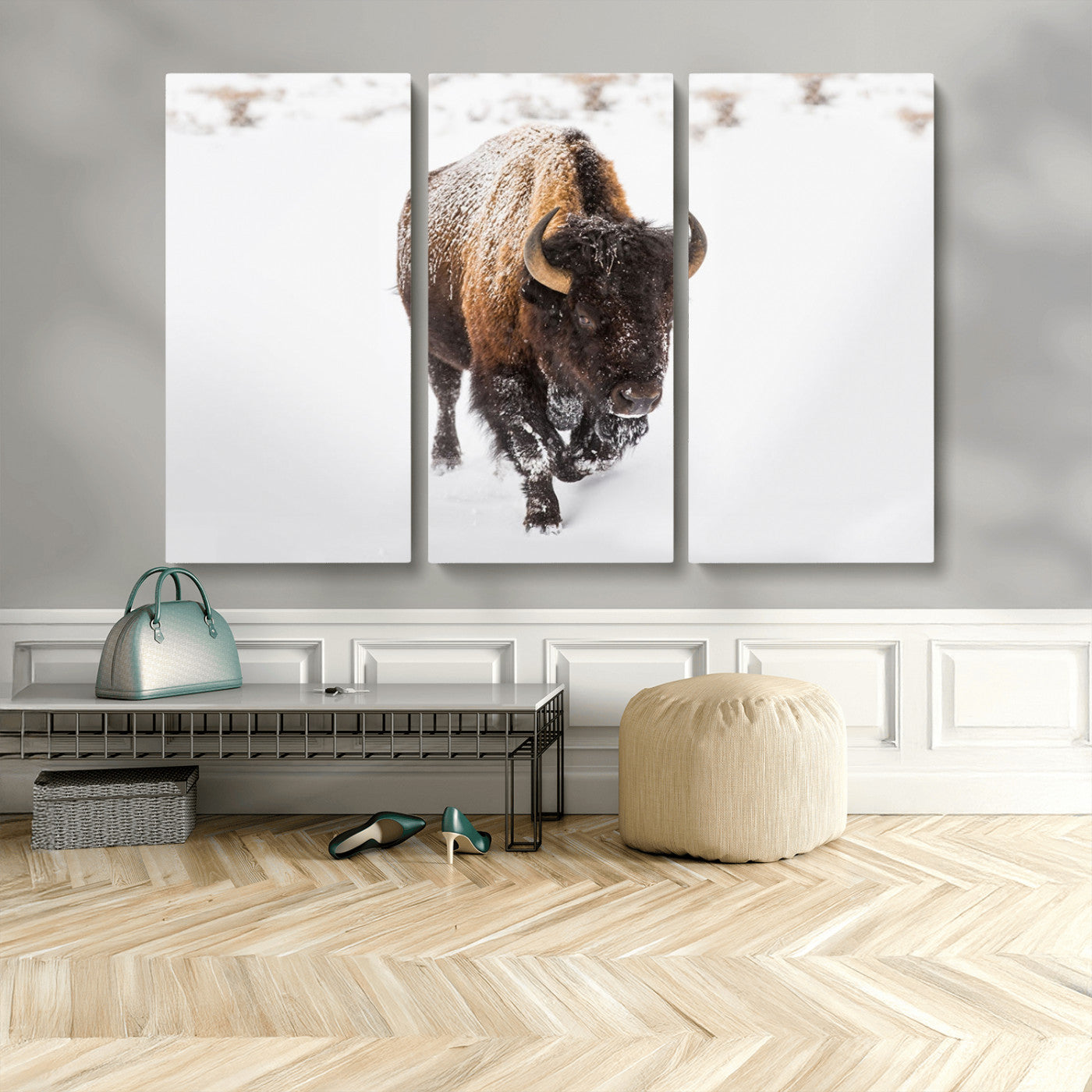 19889-MGV-CV-36X24-Snow Bison Wall Art – Majestic Buffalo Winter Landscape Canvas Print, Rustic Wildlife Photography Decor for Cabin, Lodge, Living