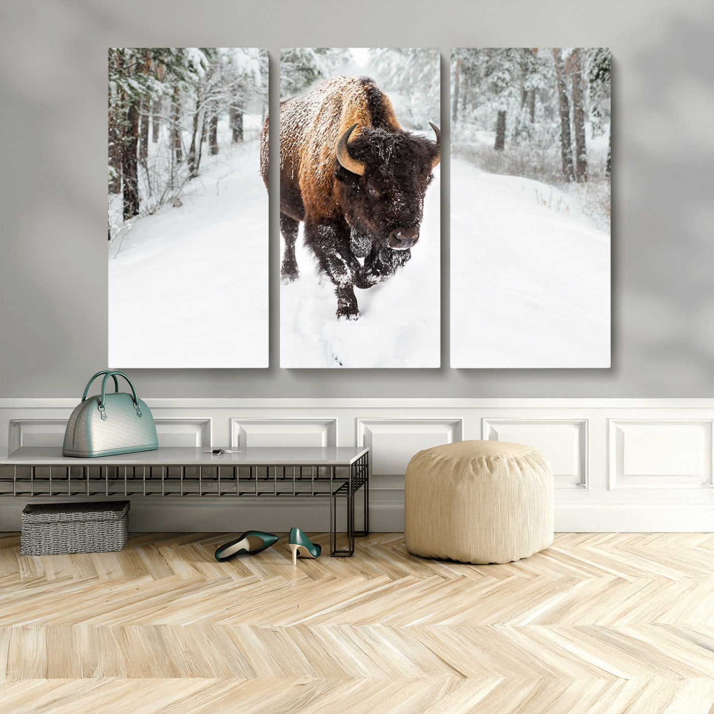 10109-MGV-CV-36X24-Majestic Bison Winter Wall Art – Snowy Forest Buffalo Canvas Print, Rustic Wildlife Photography Decor for Cabin, Lodge, Living