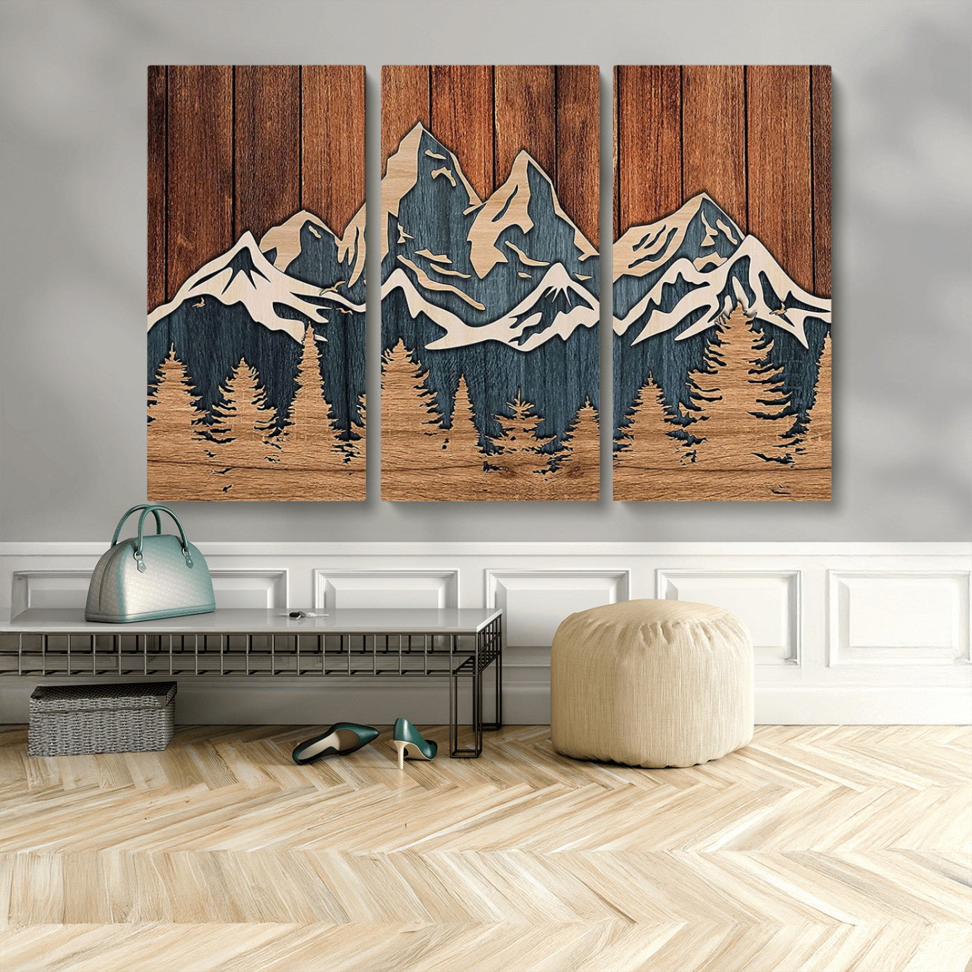 41330-MGV-CV-36X24-Rustic Mountain Wall Art – Wooden Nature Scene with Trees and Peaks, Handmade 3D Layered Decor for Living Room, Cabin or Office