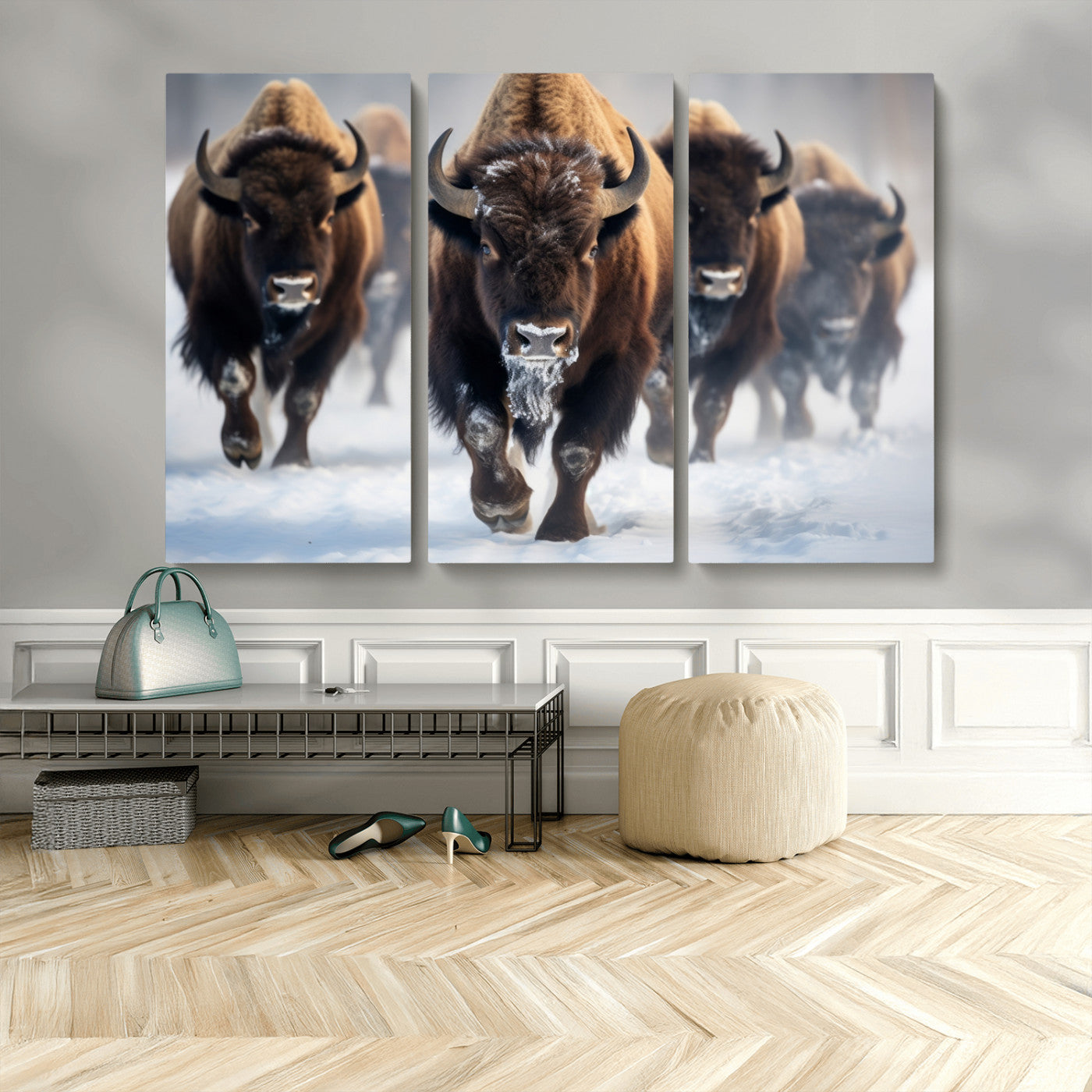 80512-MGV-CV-36X24-Bison Herd Wall Art – Buffalo Running in Snow Canvas Print, Rustic Wildlife Photography Decor for Cabin, Lodge, or Living Room