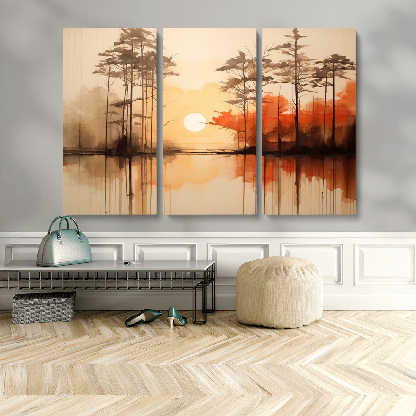 51083-MGV-CV-48X32-3P-Sunset Lake Forest Wall Art – Serene Trees and Orange Sky Reflection Canvas Print, Tranquil Nature Decor for Living Room, Office