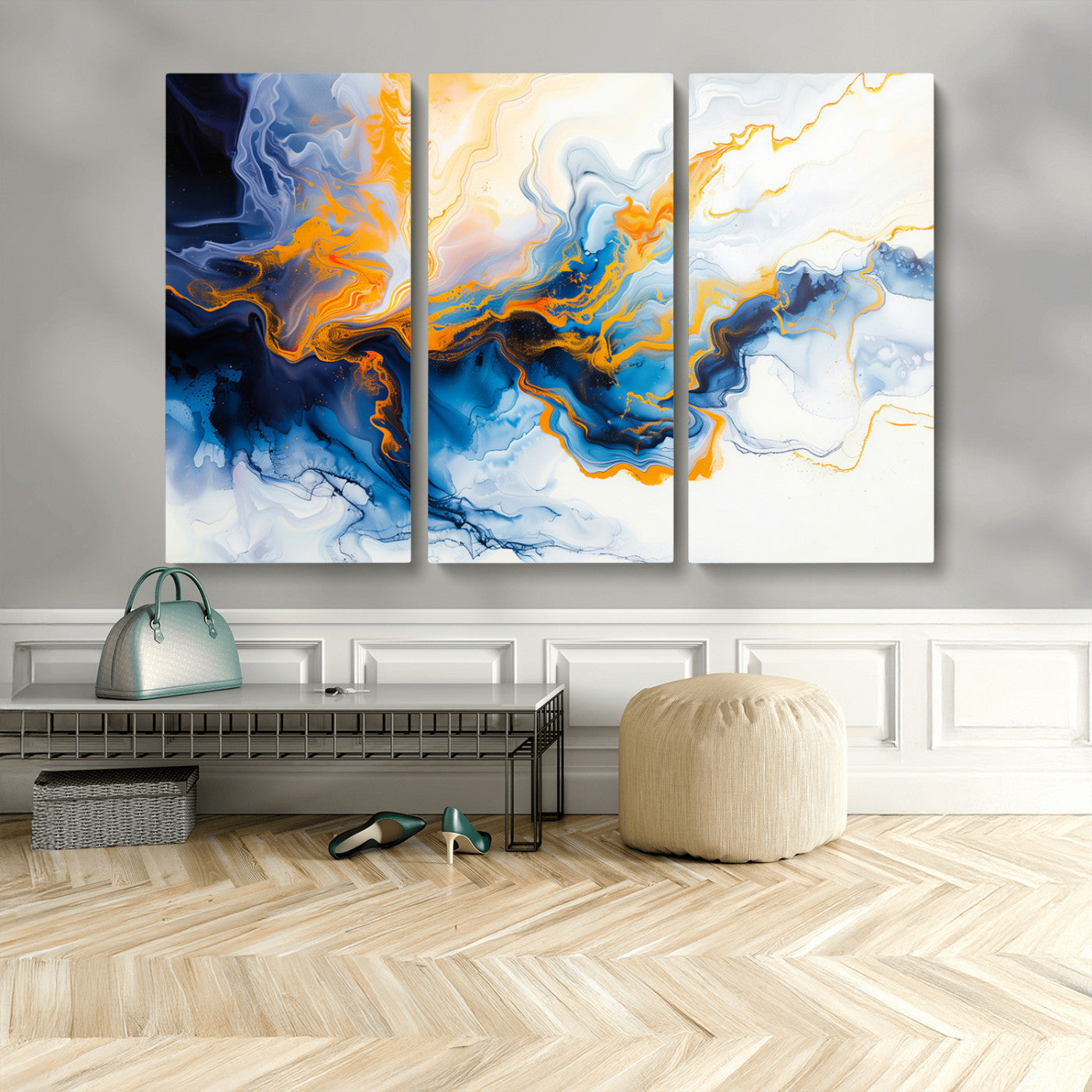 83720-MGV-CV-48X32-3P-Abstract Fluid Wall Art – Blue, White and Gold Swirl Canvas Painting, Modern Contemporary Artwork for Living Room, Bedroom or