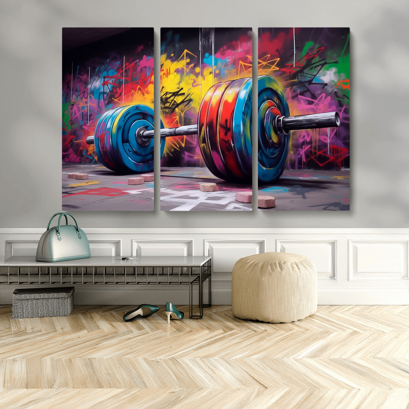 13549-MGV-CV-36X24-Graffiti Gym Wall Art Canvas Print, Framed Graffiti Barbell Art Picture Print, Weightlifting Perfect Fitness Studio Decor Artwork