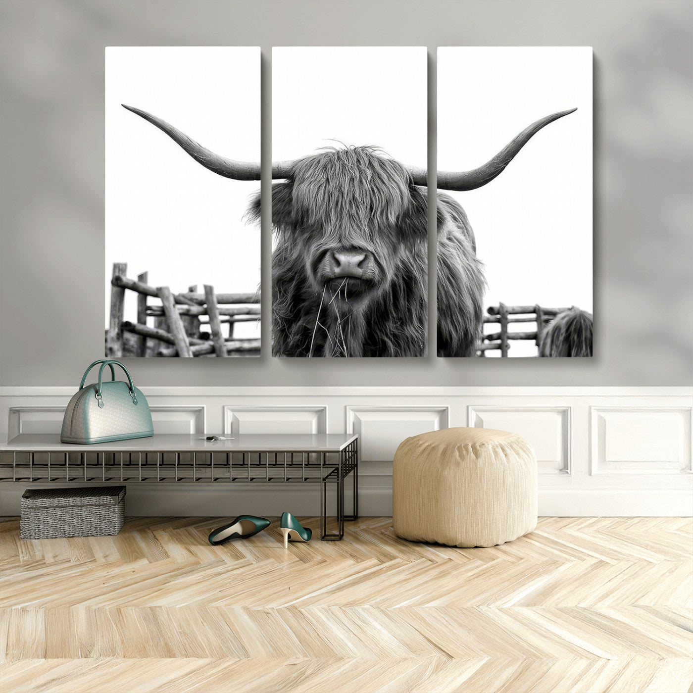 58188-MGV-CV-48X32-3P-Highland Cow Wall Art – Black and White Rustic Farmhouse Canvas Print, Longhorn Cattle Photography Decor for Living Room or