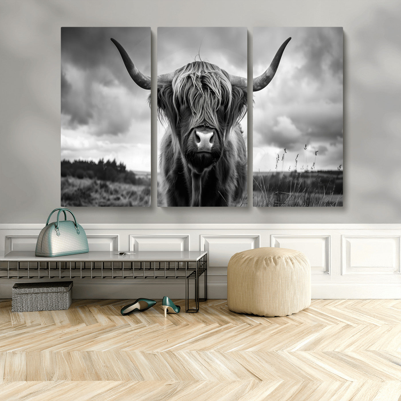 17924-MGV-CV-48X32-3P-Highland Cow Wall Art – Black and White Rustic Longhorn Cattle Canvas Print, Farmhouse Animal Photography Decor for Country Home