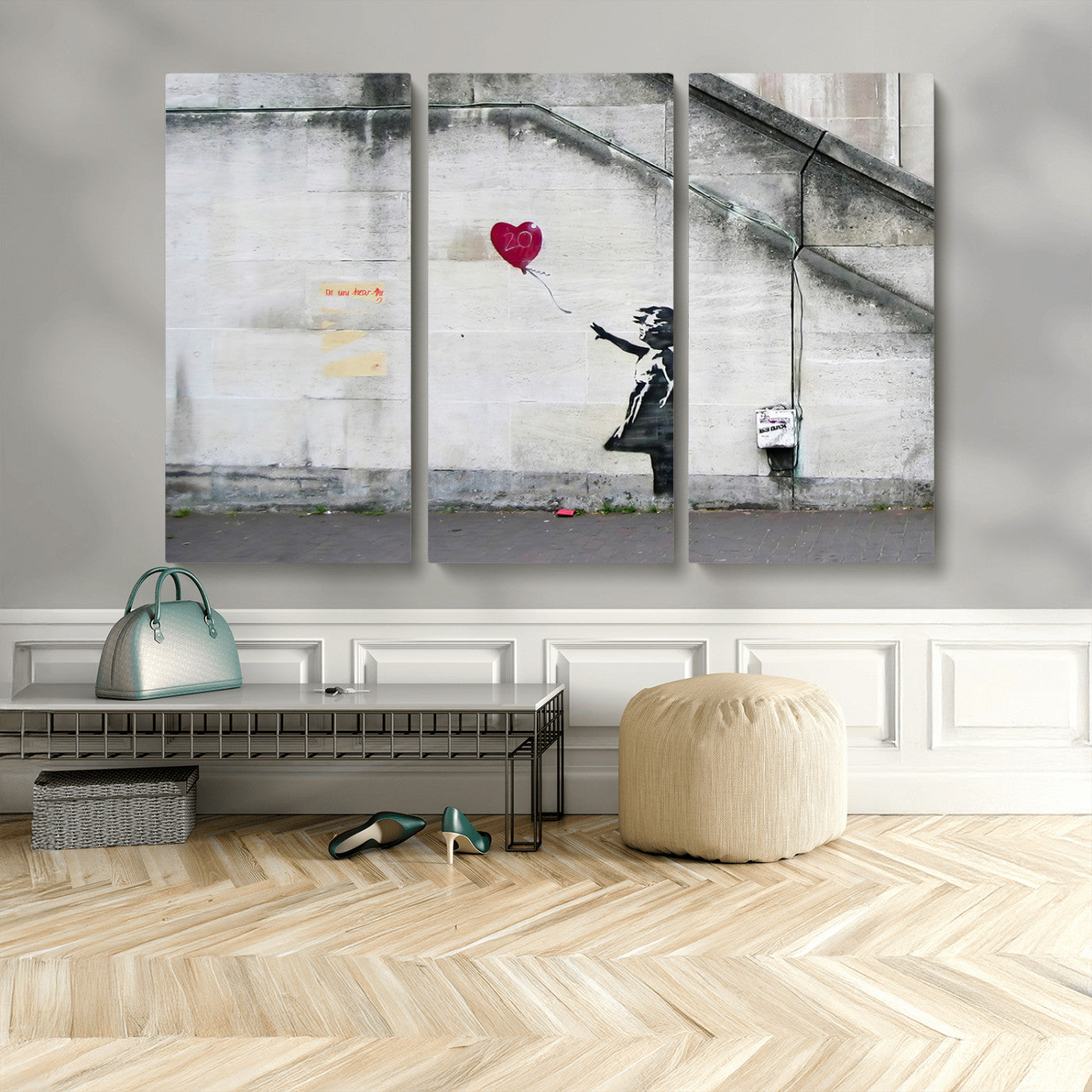 50559-MGV-CV-48X32-3P-Banksy Girl with Balloon Wall Art – Famous Street Graffiti Canvas Print, Modern Urban Artwork for Living Room, Bedroom or Office