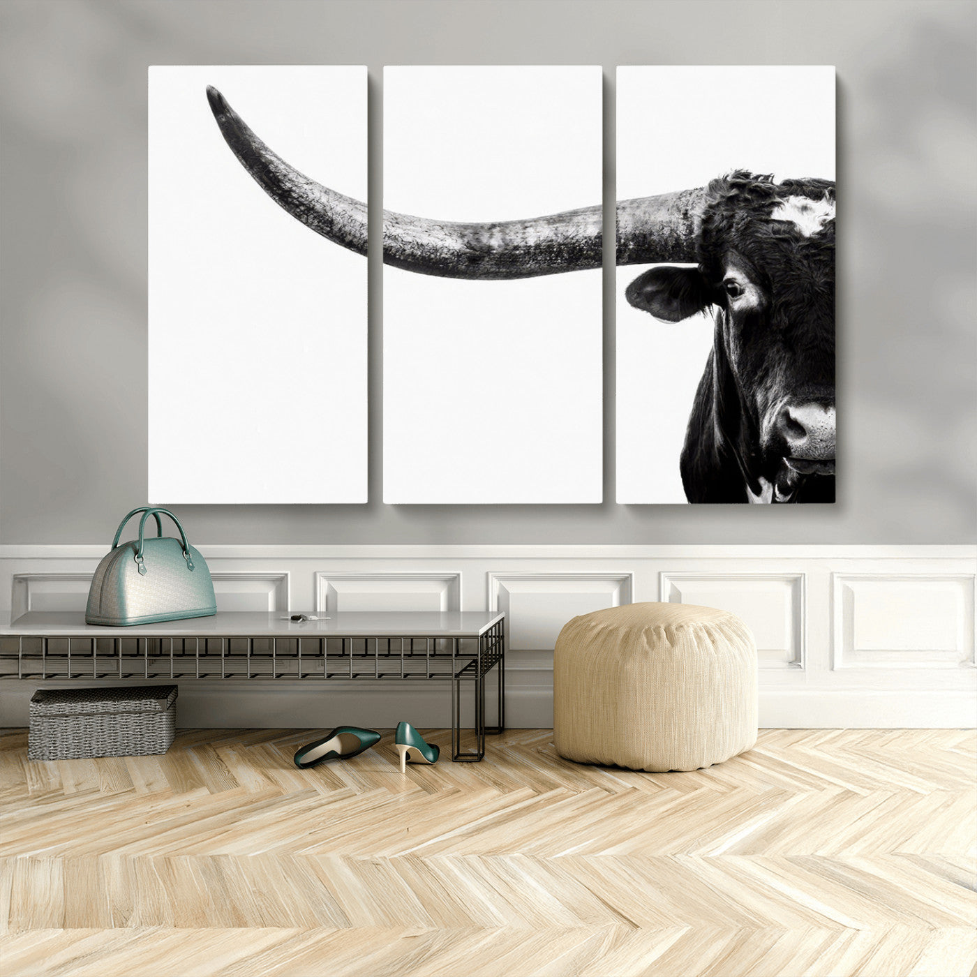 31699-MGV-CV-36X24-Longhorn Wall Art – Black and White Texas Longhorn Cow Canvas Print, Rustic Western Farmhouse Artwork for Living Room, Bedroom or