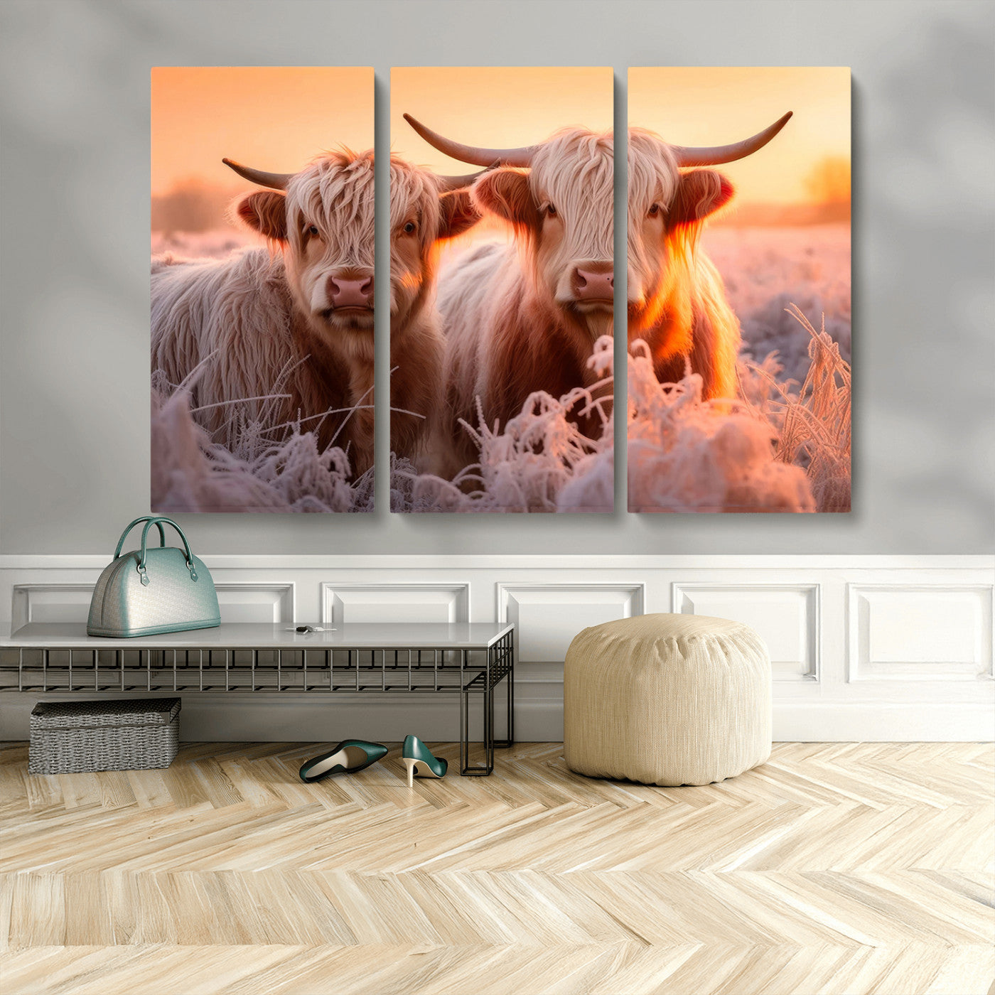 68253-MGV-CV-36X24-Highland Cow Wall Art – Rustic Farmhouse Cattle Canvas Print, Frosty Sunset Animal Artwork for Living Room, Bedroom or Country