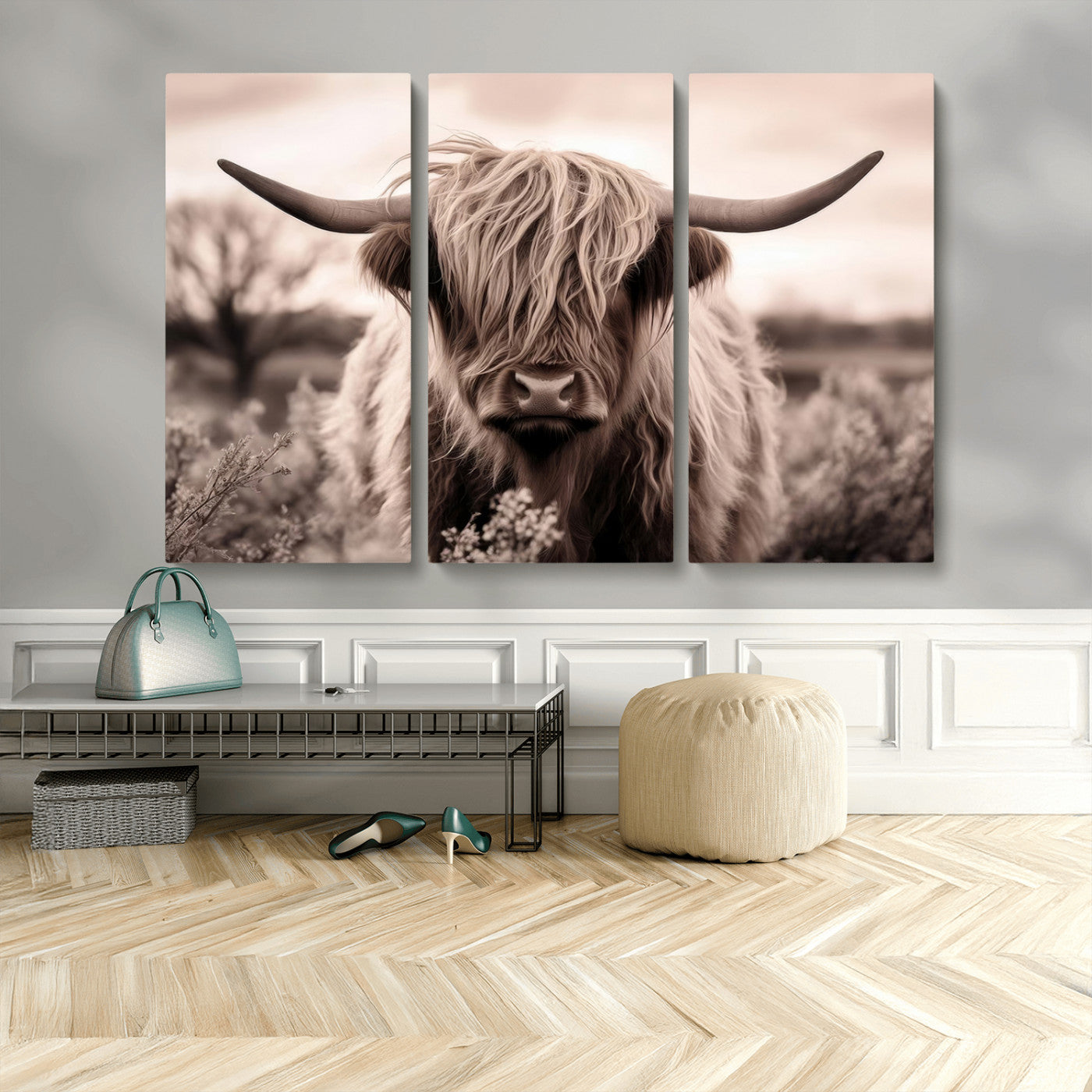 55903-MGV-CV-48X32-3P-Highland Cow Wall Art – Rustic Sepia Scottish Highland Bull Canvas Print, Farmhouse Country Animal Decor for Living Room, Bedroom