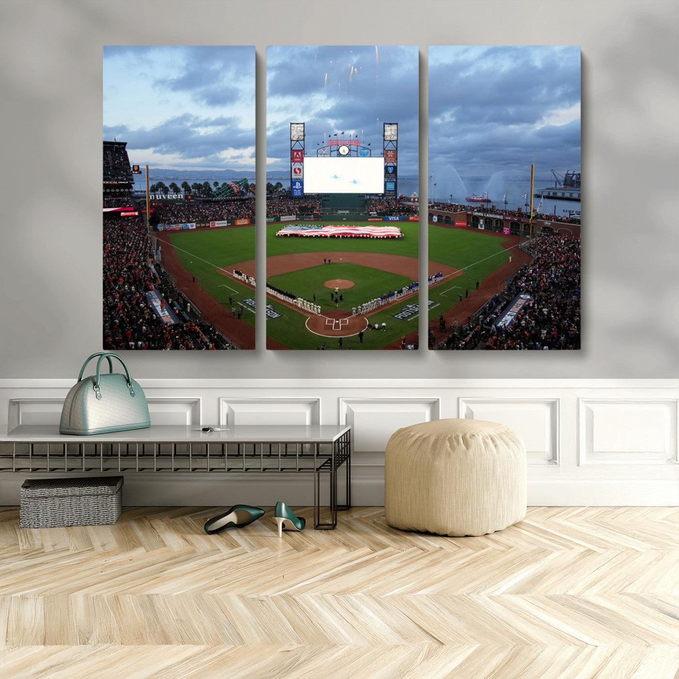 44631-MGV-CV-48X32-3P-Oracle Park Stadium Wall Art Canvas Print, Framed San Francisco Giants Art Picture Print, Giants Stadium Field Perfect Sports Room