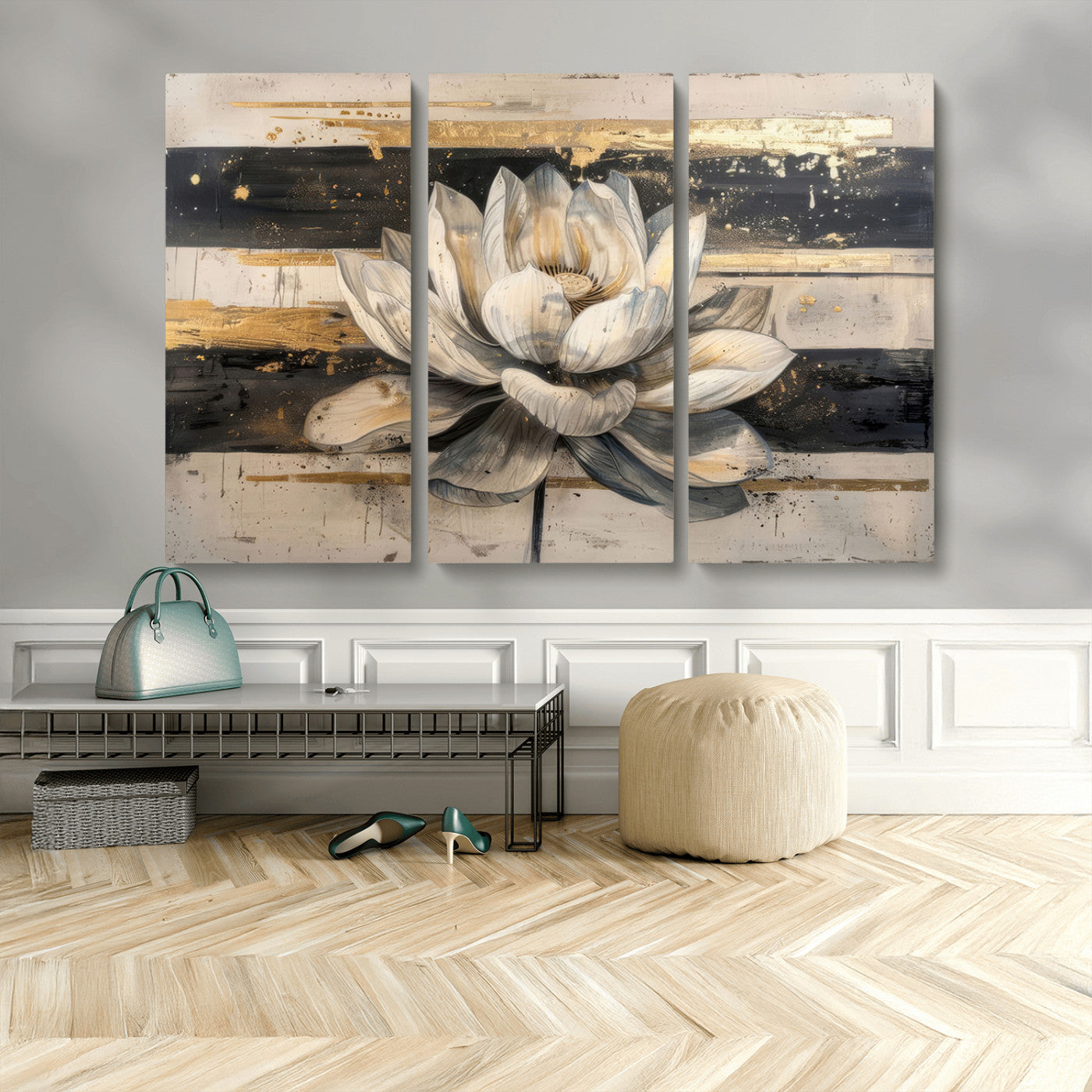 18807-MGV-CV-48X32-3P-Lotus Flower Wall Art Canvas Print, Framed Abstract Lotus Art Picture Print, White Lotus Flower Perfect Abstract Floral Decor