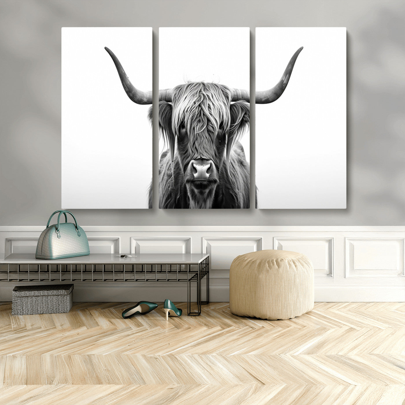 49556-MGV-CV-48X32-3P-Highland Cow Wall Art – Black and White Scottish Highland Cattle Print, Rustic Farmhouse Minimalist Animal Portrait Canvas for