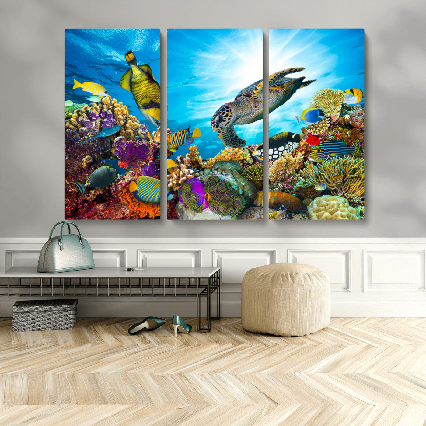 44772-MGV-CV-48X32-3P-Underwater Sea Turtle Wall Art – Vibrant Coral Reef and Tropical Fish Canvas Print, Ocean Marine Life Decor for Living Room,