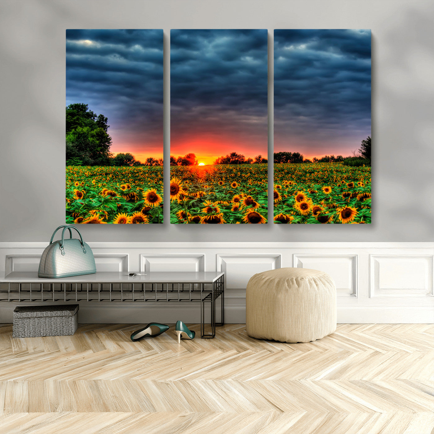 45045-MGV-CV-48X32-3P-Sunflower Field Sunset Wall Art – Dramatic Stormy Sky Landscape Print, Vibrant Yellow Floral Nature Canvas for Living Room,