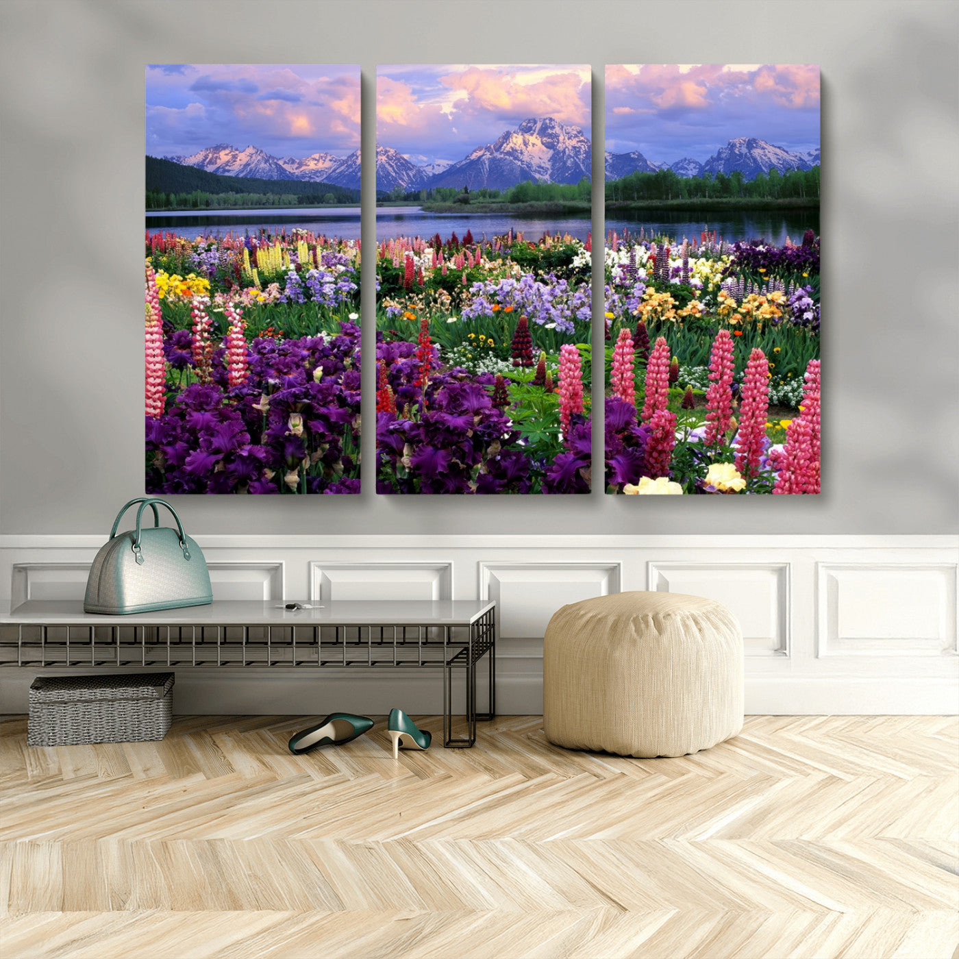 82270-MGV-CV-36X24-Colorful Wildflower Meadow Landscape Wall Art – Snow-Capped Mountain Lake Sunset Print, Vibrant Nature Artwork for Living Room,