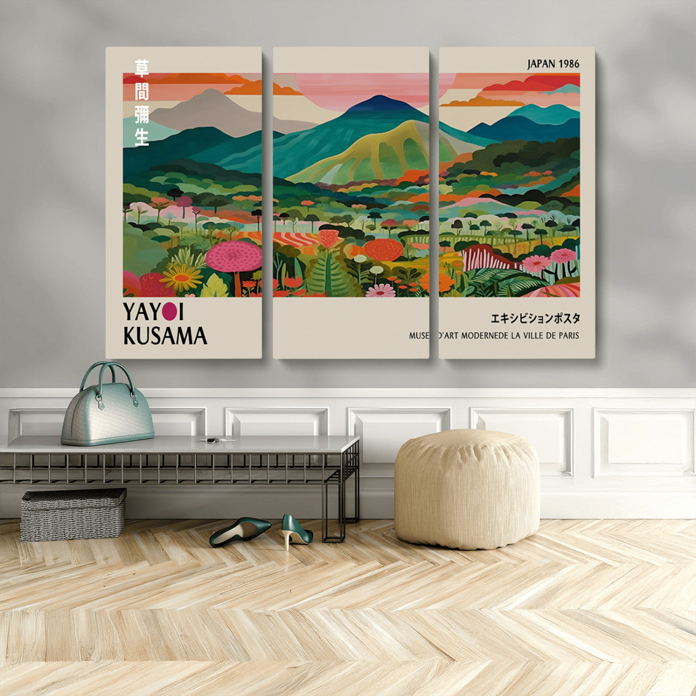 54215-MGV-CV-48X32-3P-Yayoi Kusama Wall Art – Panoramic Japanese Landscape Canvas Print, Modern Abstract Nature Decor for Office, Bedroom or Living Room