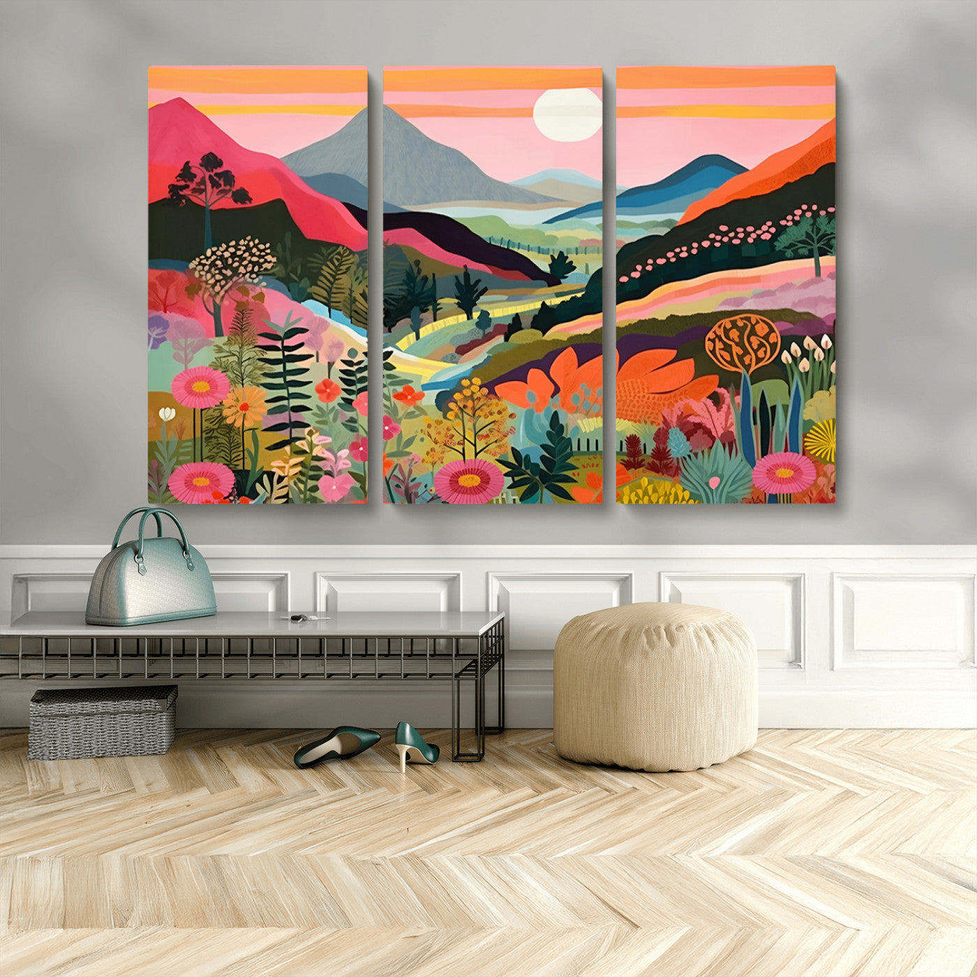 61376-MGV-CV-48X32-3P-Floral Valley Wall Art – Panoramic Mountain Landscape Canvas Print, Vibrant Nature Decor for Living Room, Office, or Bedroom
