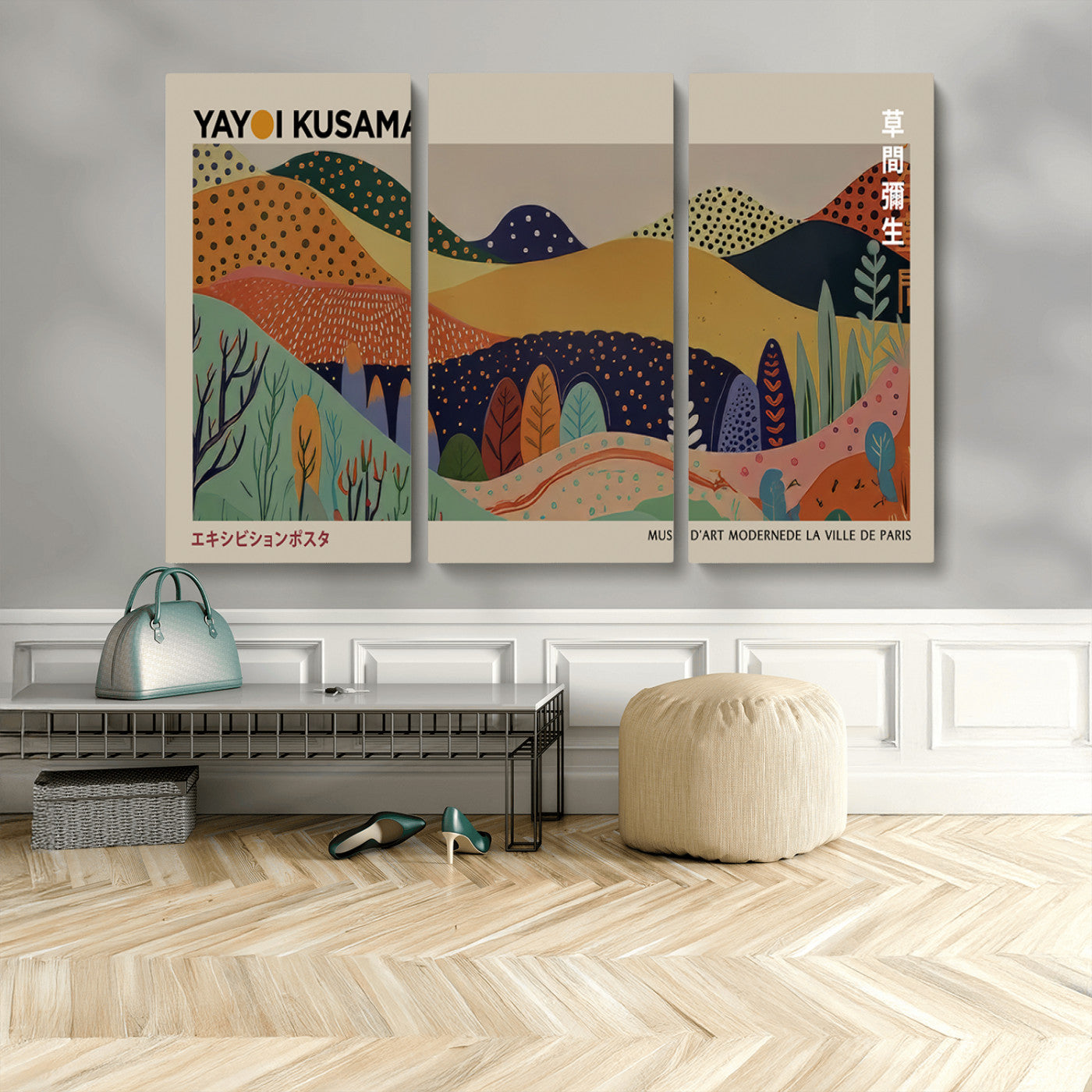 11242-MGV-CV-48X32-3P-Kusama Wall Art – Abstract Colorful Hills Canvas Print, Modern Japanese Inspired Landscape Poster for Living Room, Office or