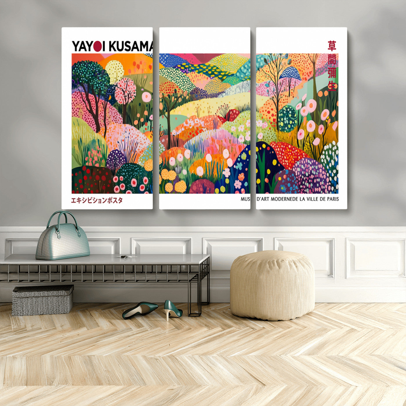 75201-MGV-CV-48X32-3P-Yayoi Kusama Floral Wall Art – Vibrant Abstract Landscape Canvas Print, Modern Pop Art Poster for Living Room, Bedroom, or Gallery