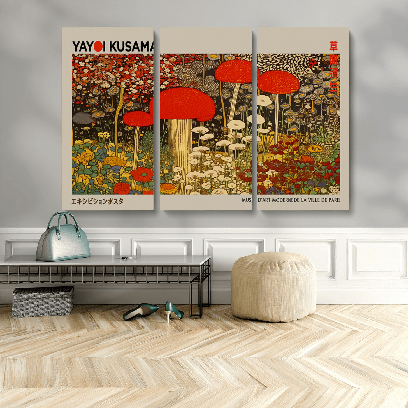 38013-MGV-CV-36X24-Yayoi Kusama Inspired Mushroom Garden Wall Art – Whimsical Botanical Canvas Print, Surreal Nature Poster, Fantasy Floral Artwork