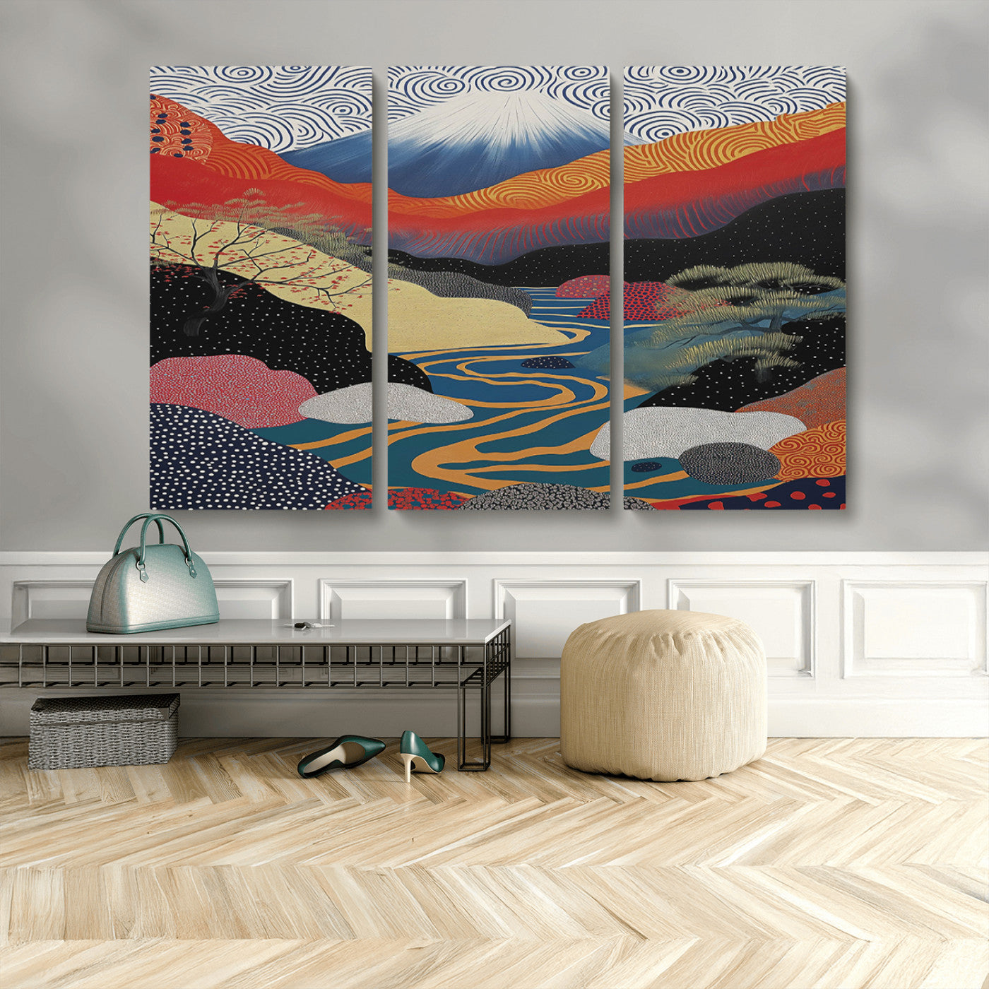 32131-MGV-CV-48X32-3P-Japanese Mount Fuji Wall Art – Abstract Landscape Canvas Print with Swirling Sky & River, Modern Minimalist Asian Inspired Poster