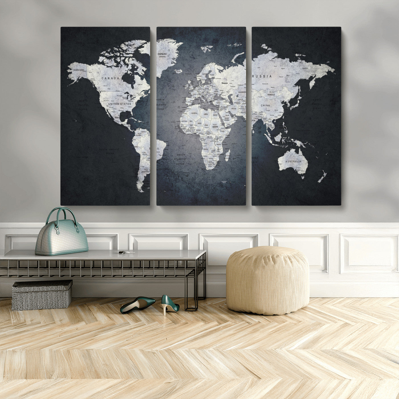 19124-MGV-CV-48X32-3P-Modern World Map Wall Art – Black and White Canvas Print, Minimalist Global Map Decor for Office, Study, Bedroom or Living Room