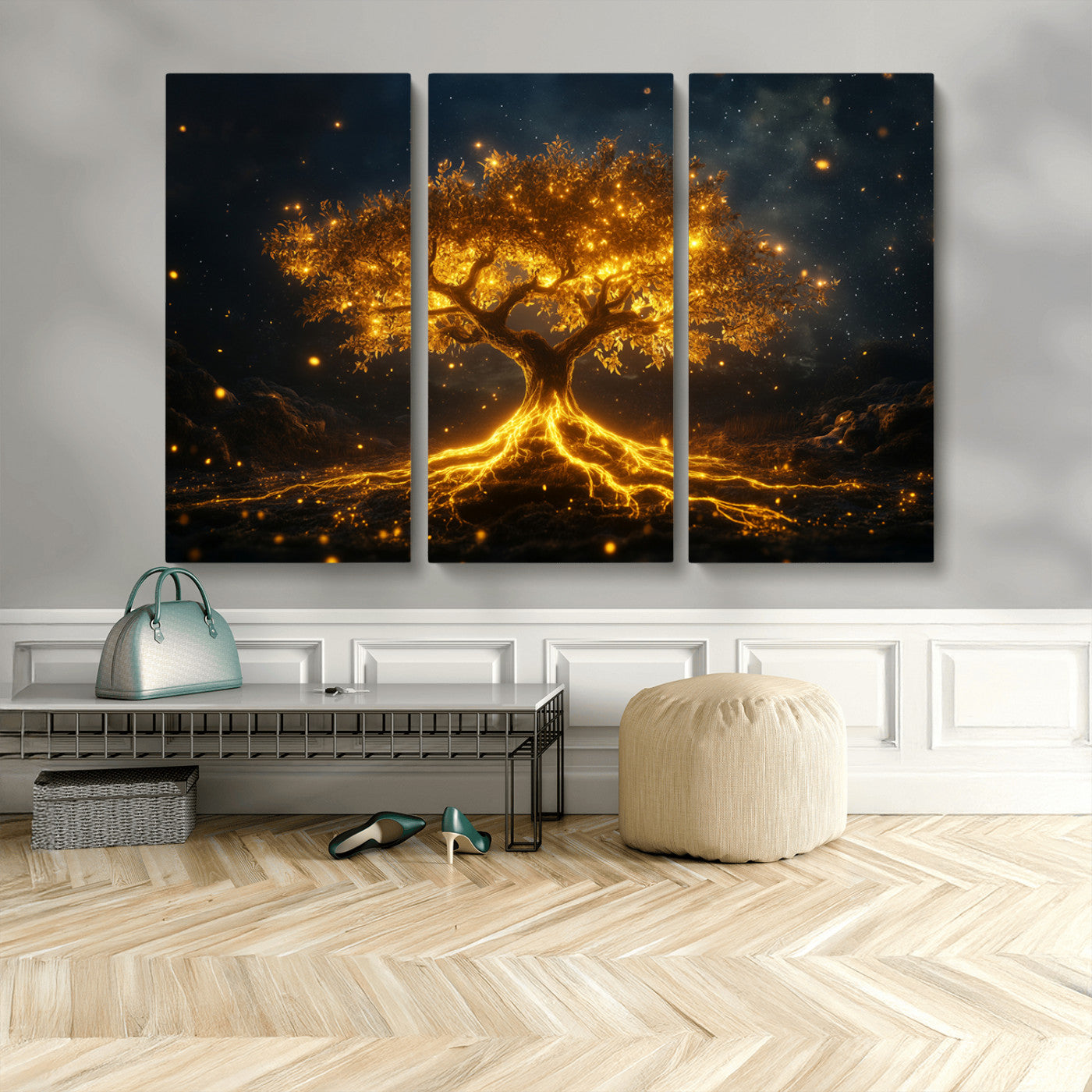 60194-MGV-CV-48X32-3P-Glowing Tree Wall Art – Golden Roots Fantasy Canvas Print, Mystical Illuminated Tree Painting Poster for Living Room, Bedroom,