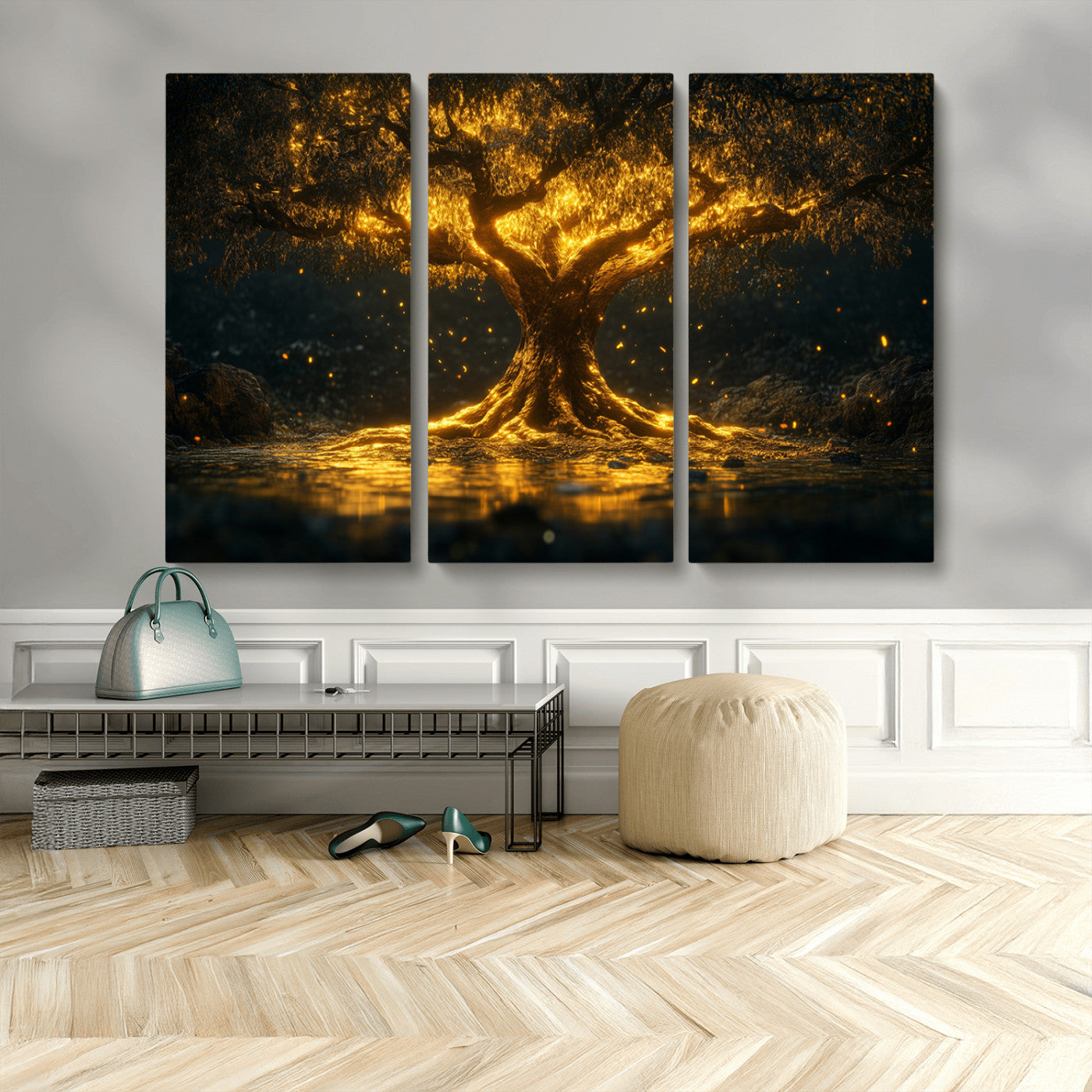 59580-MGV-CV-36X24-Glowing Tree Wall Art – Golden Fantasy Nature Canvas Print, Mystical Illuminated Tree Painting Poster for Living Room, Bedroom,
