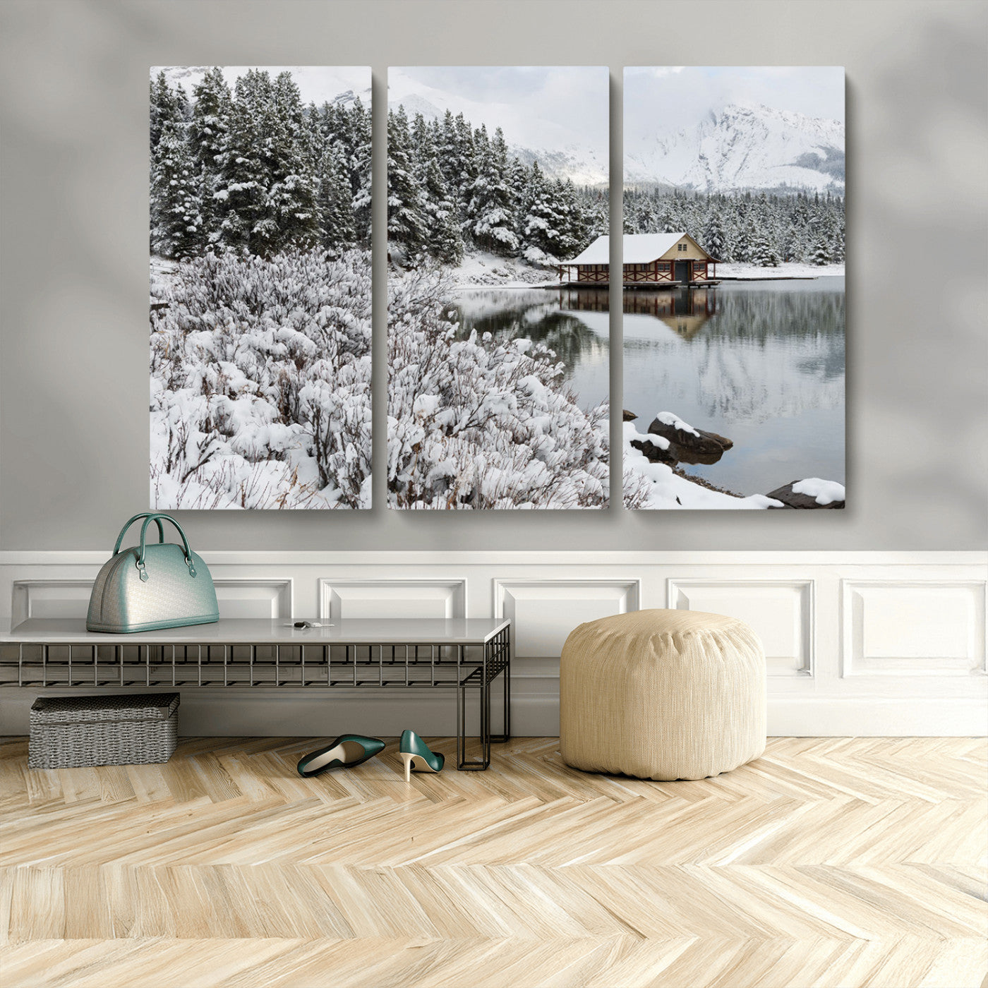 94285-MGV-CV-36X24-Snowy Cabin Wall Art Canvas Print, Framed Winter Cabin Art Picture Print, Mountain Lake Perfect Snowy Nature Decor Artwork