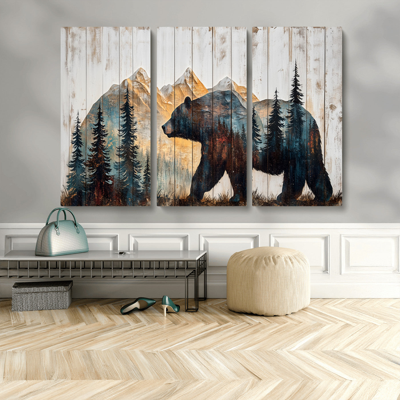 90077-MGV-CV-36X24-Wood Grizzly Bear Wall Art Canvas Print, Framed Abstract Bear Art Picture Print, Bear in Forest Perfect Rustic Lodge Decor Artwork